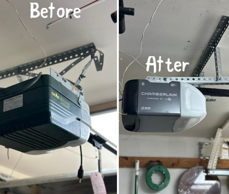Before and after of a garage door opener replacement: an old worn opener and the new Chamberlain unit that replaced it